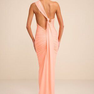 Lulus Cressida Peach Slinky Knit One-shoulder Mermaid Maxi Dress Orange - Size M